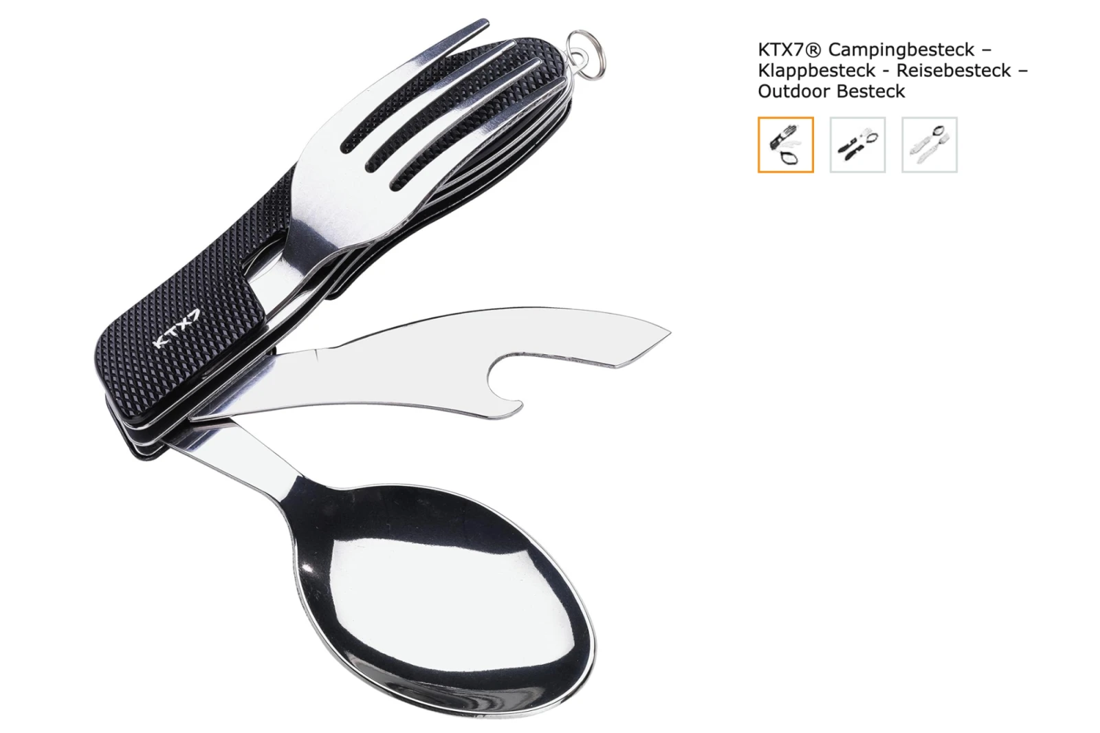 Drei in eins: Campingbesteck mit Gabel, Löffel und Flaschenöffner, © ZIMAIC, Amazon Drei in eins: Campingbesteck mit Gabel, Löffel und Flaschenöffner, © ZIMAIC, Amazon