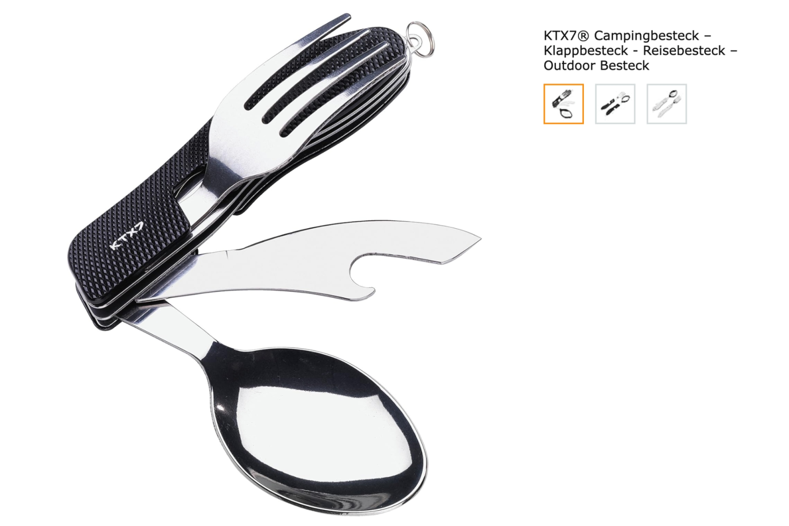 Drei in eins: Campingbesteck mit Gabel, Löffel und Flaschenöffner, © ZIMAIC, Amazon