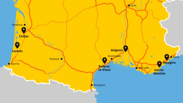 Die Einsatzgebiete sind südlich von Bordeaux sowie in den Regionen rund um Montpellier, Avignon und Cannes., © ADAC SE Die Einsatzgebiete sind südlich von Bordeaux sowie in den Regionen rund um Montpellier, Avignon und Cannes., © ADAC SE
