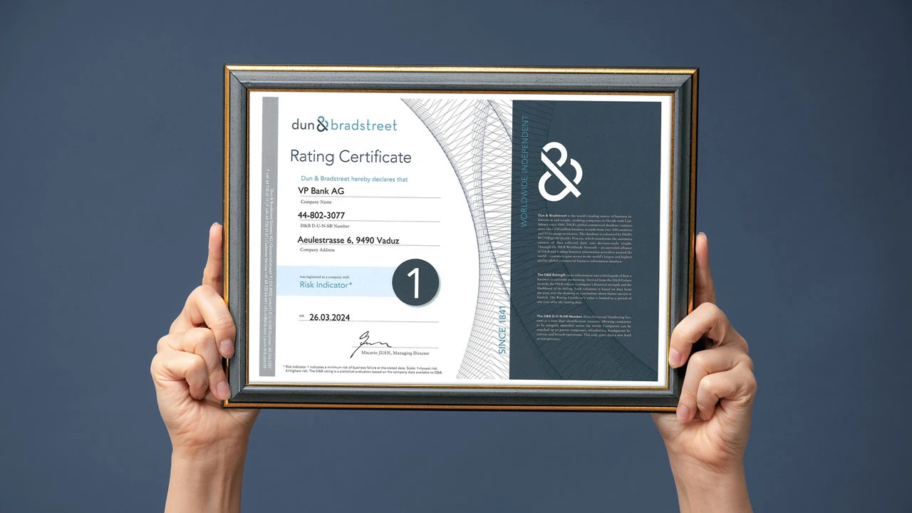 VP Bank mit Bestnote «Risk Indicator 1» ausgezeichnet , © VP BANK VP Bank mit Bestnote «Risk Indicator 1» ausgezeichnet , © VP BANK
