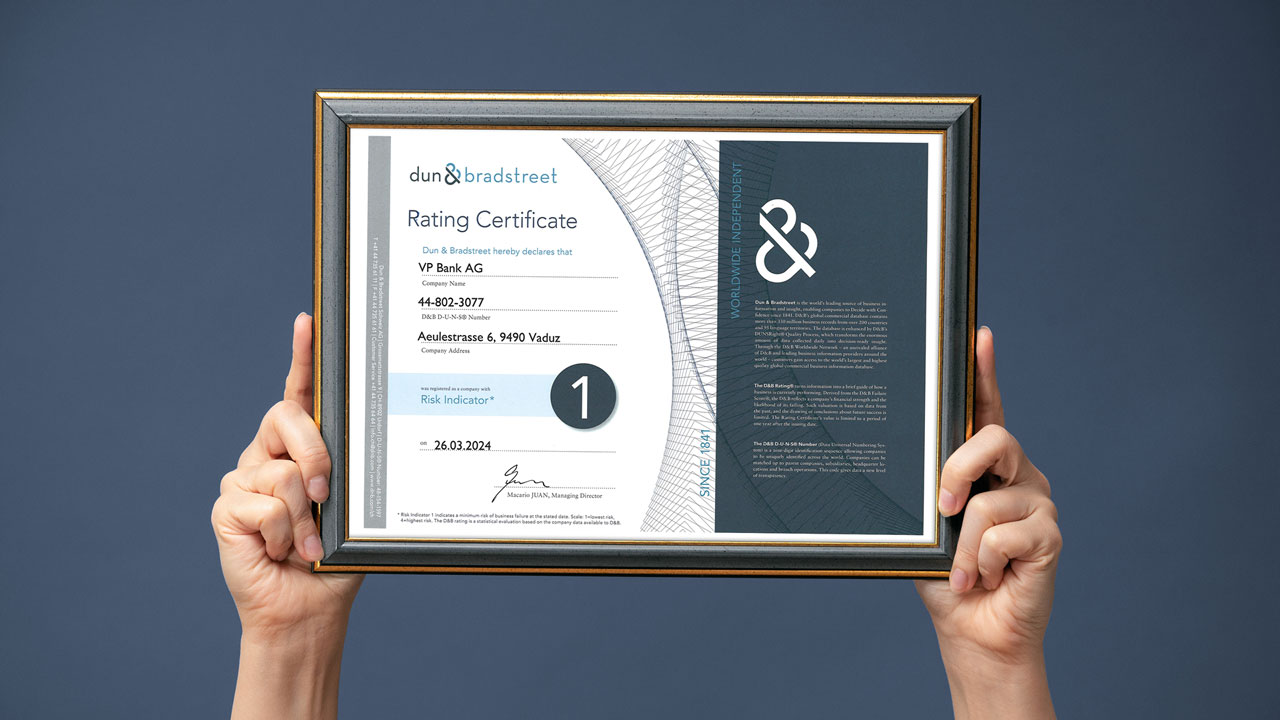 VP Bank mit Bestnote «Risk Indicator 1» ausgezeichnet , © VP BANK