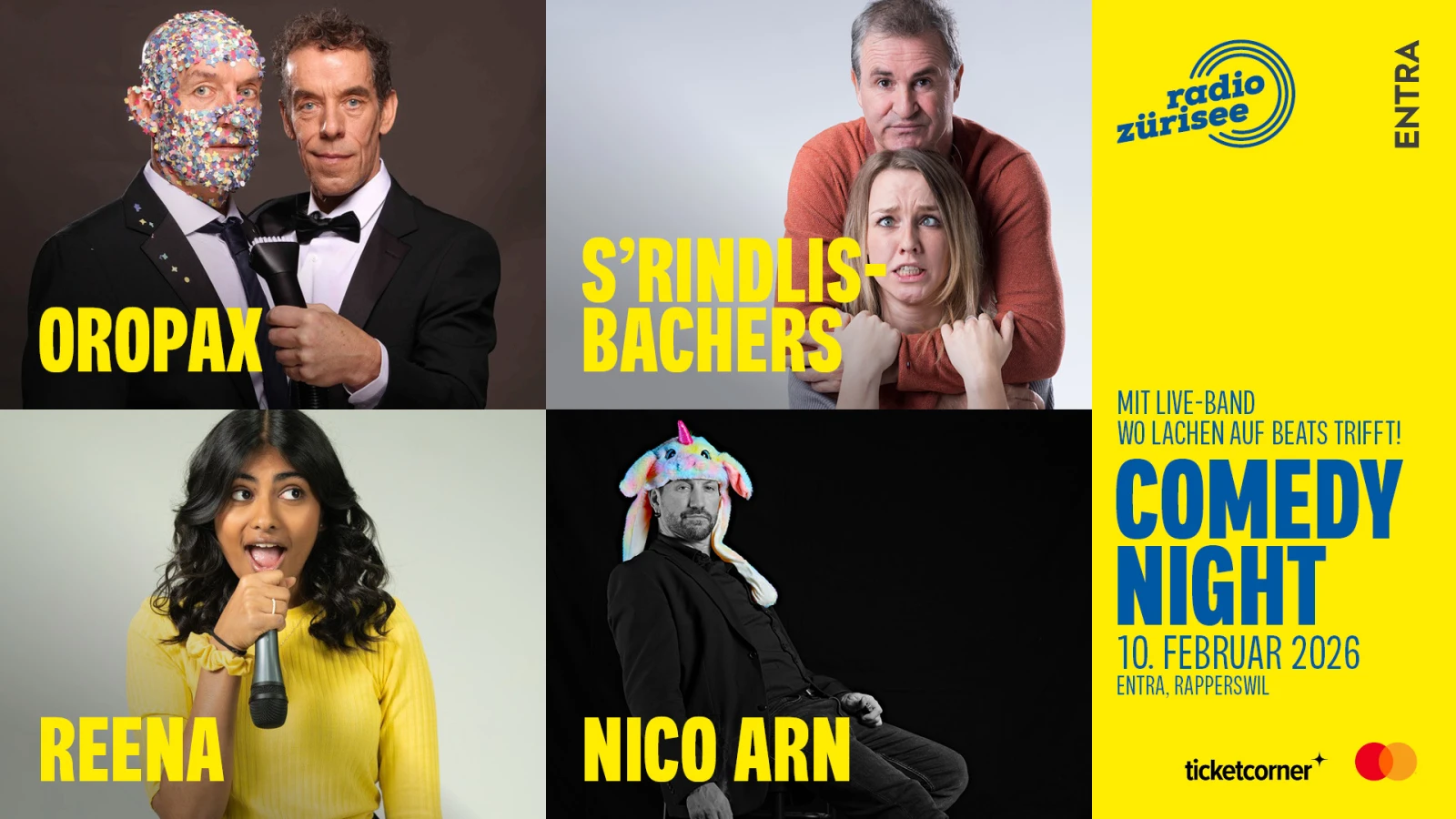 Comedy Night mit Oropax, s’Rindlisbachers, Nico Arn und Reena, © Radio Zürisee AG Comedy Night mit Oropax, s’Rindlisbachers, Nico Arn und Reena, © Radio Zürisee AG