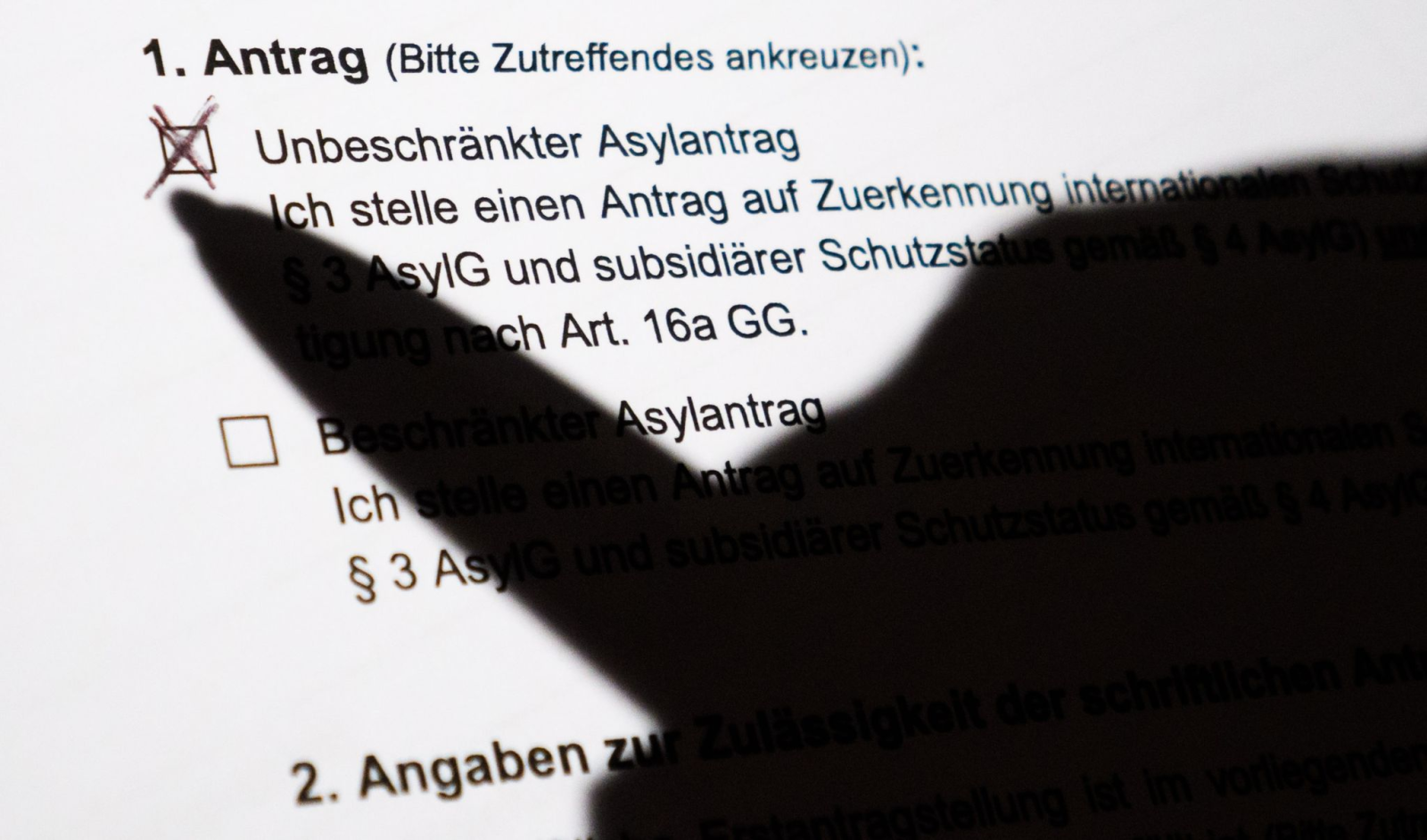 Der Schatten eines Kugelschreibers zeichnet sich auf einem Asylerstantrag ab., © Julian Stratenschulte/dpa/Illustration