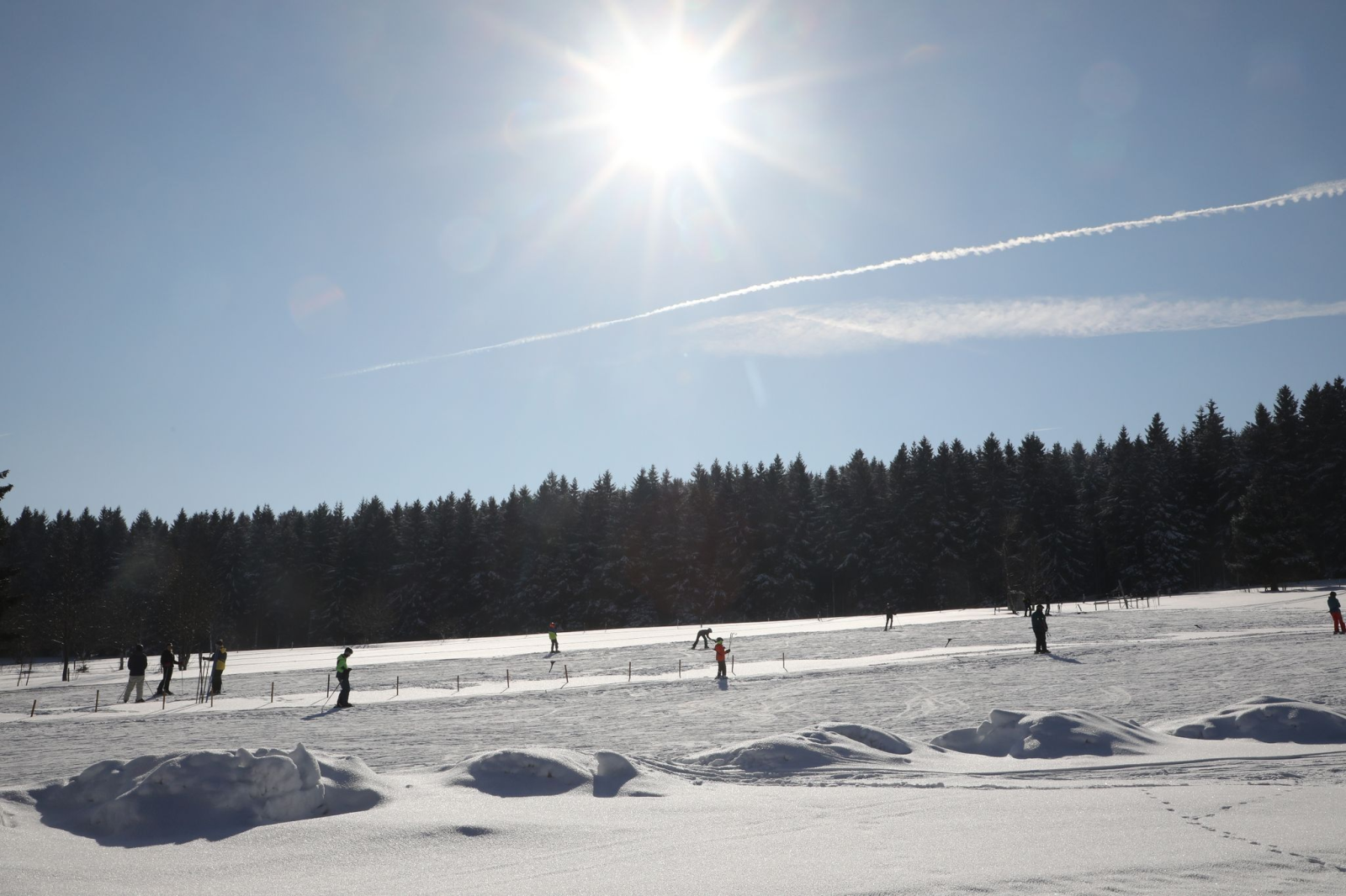 Wintersportfreunde sind zu Fuß und mit Ski auf einem Hang im Thüringer Wald unterwegs.