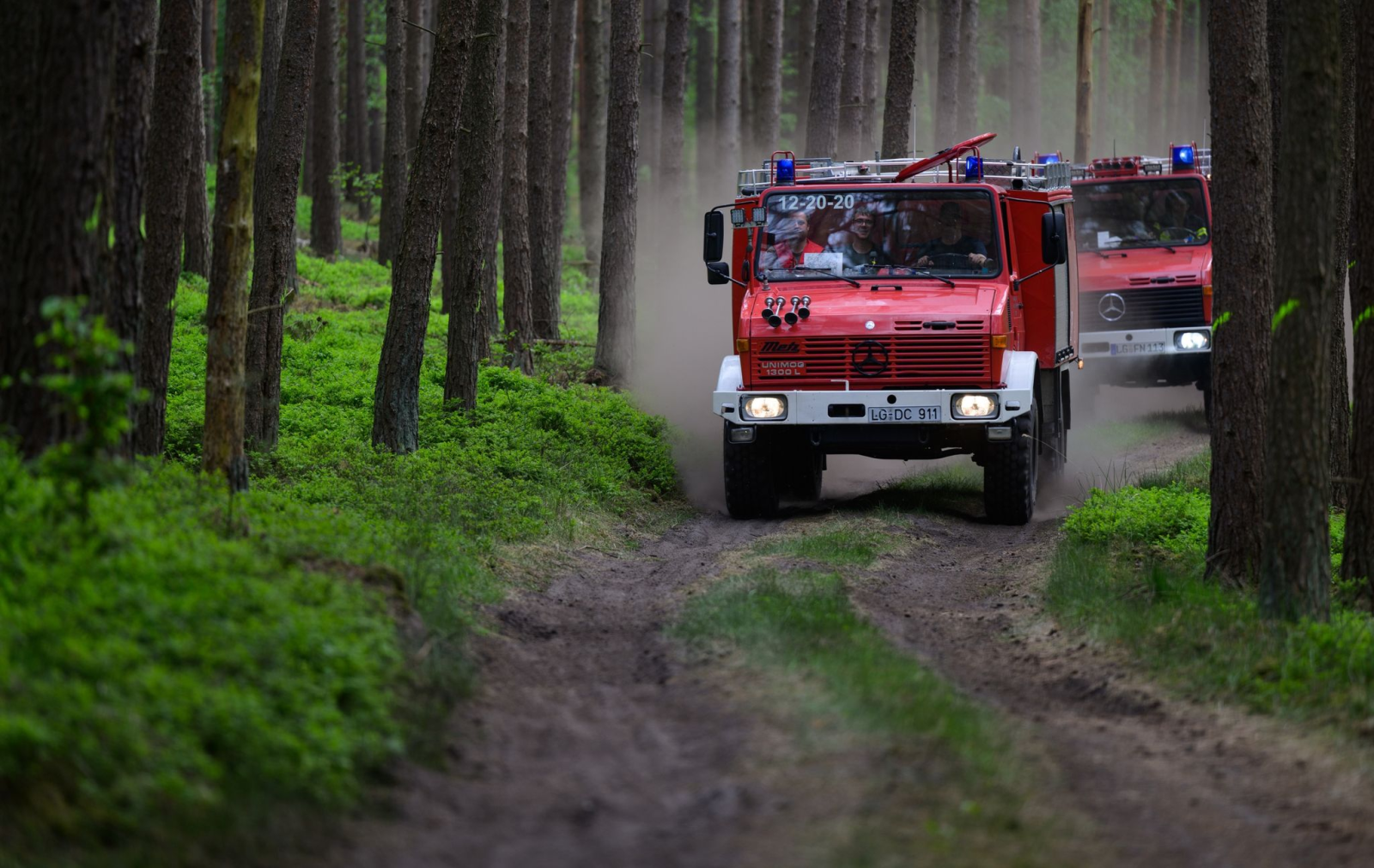 Einsatzfahrzeuge fahren bei einem Waldbrand zum Brandort.