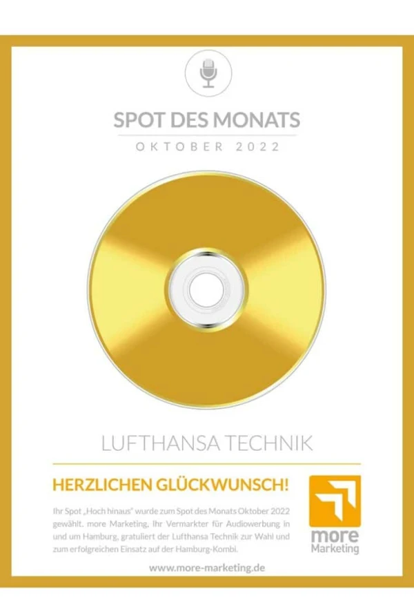 Spot des Monats Urkunde Oktober von Lufthansa Technik, © more Marketing Spot des Monats Urkunde Oktober von Lufthansa Technik, © more Marketing