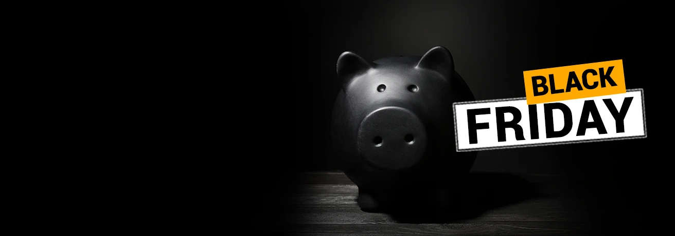 Black Friday Grafik mit schwarzem Sparschwein, © Shutterstock Black Friday Grafik mit schwarzem Sparschwein, © Shutterstock