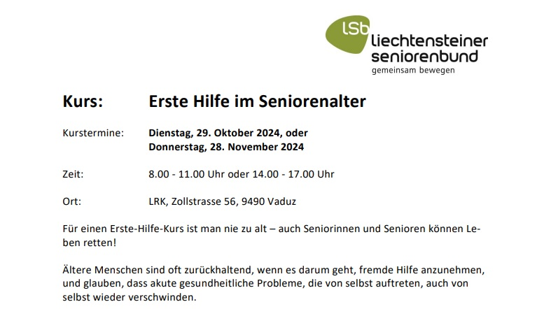Kurs: Erste Hilfe im Seniorenalter, © zvg
