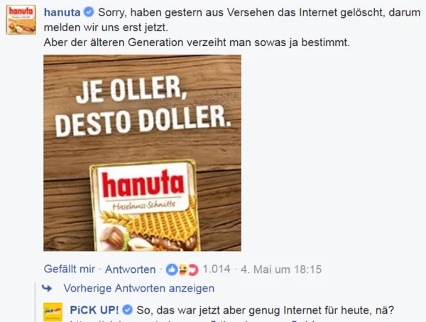 Screenshot von einem Hanuta Beitrag, © Facebook Pick up Screenshot von einem Hanuta Beitrag, © Facebook Pick up