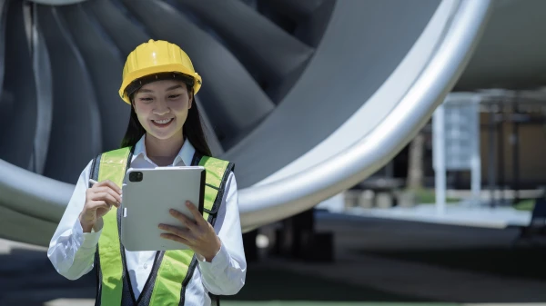 Technikerin vor Triebwerk, © Shutterstock Technikerin vor Triebwerk, © Shutterstock