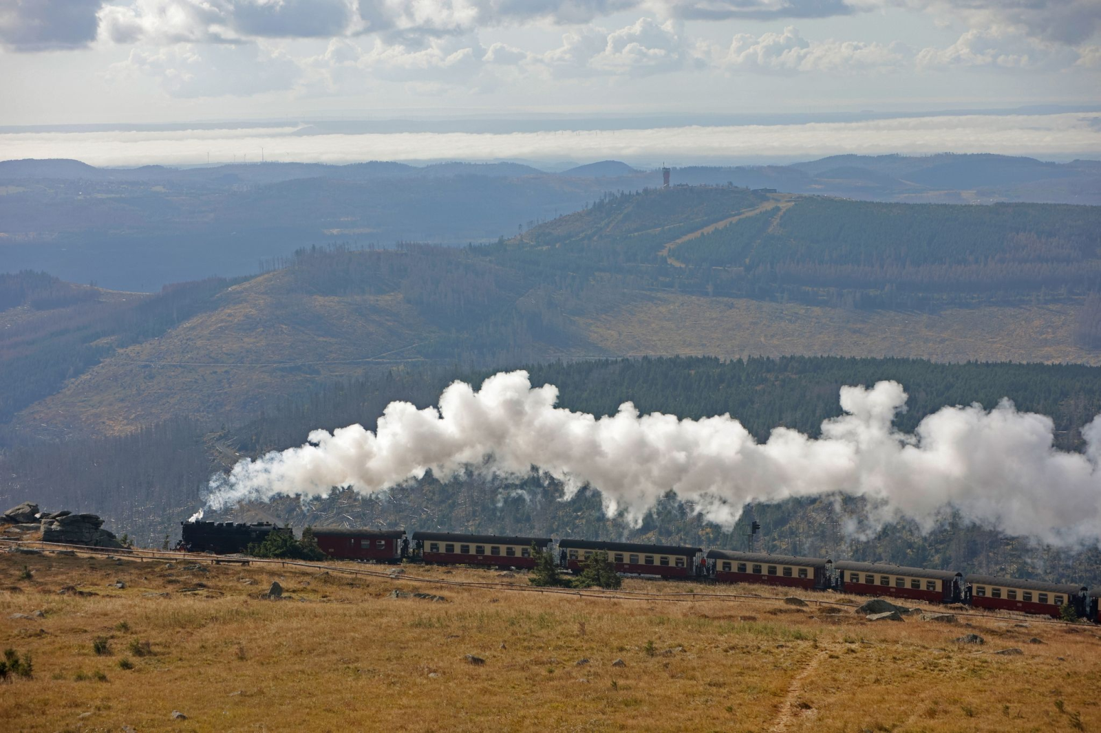 Ein Zug der Harzer Schmalspurbahn (HSB) kommt am Brocken an.