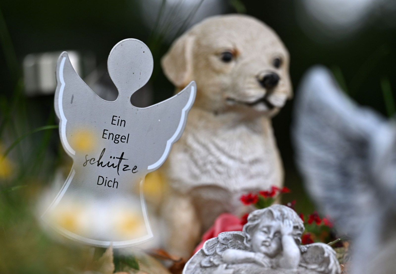 «Ein Engel schütze Dich» steht auf der Engelsfigur einer Grabstätte in der «Ruhestätte für Kleintiere - Tierfriedhof Hainichen» (Saale-Holzland-Kreis)., © Martin Schutt/dpa