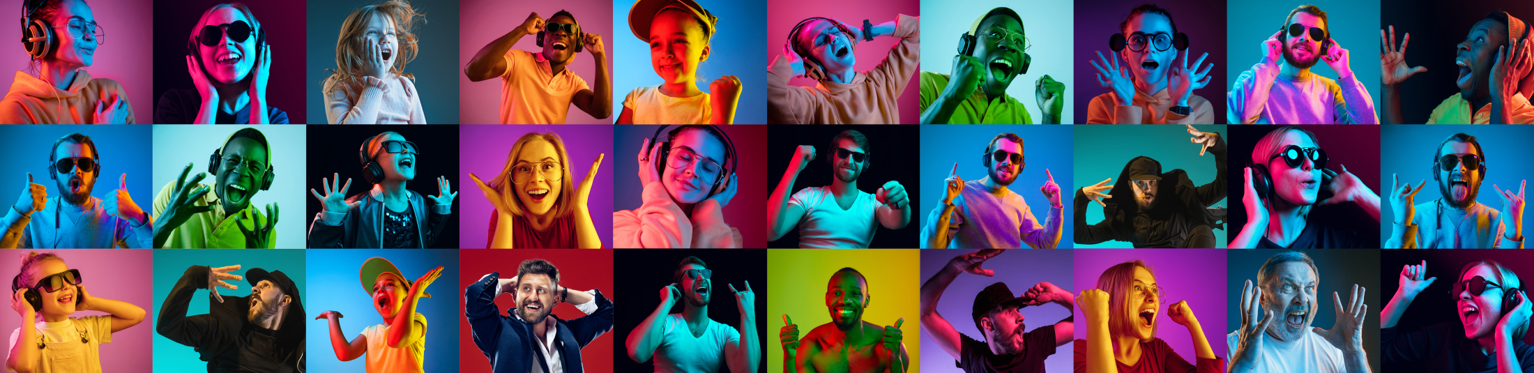 bunte Collage Menschen mit Kopfhörern, © shutterstock