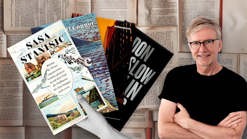 © 'Möchte die Witwe angesprochen werden, platziert sie auf dem Grab die Gießkanne mit dem Ausguss nach vorne' (Penguin), 'Die Tage des Wals' (Blessing), 'Blue Rain' (Liebeskind), 'City in Ruins' (Harpercollins) | Collage: egoFM