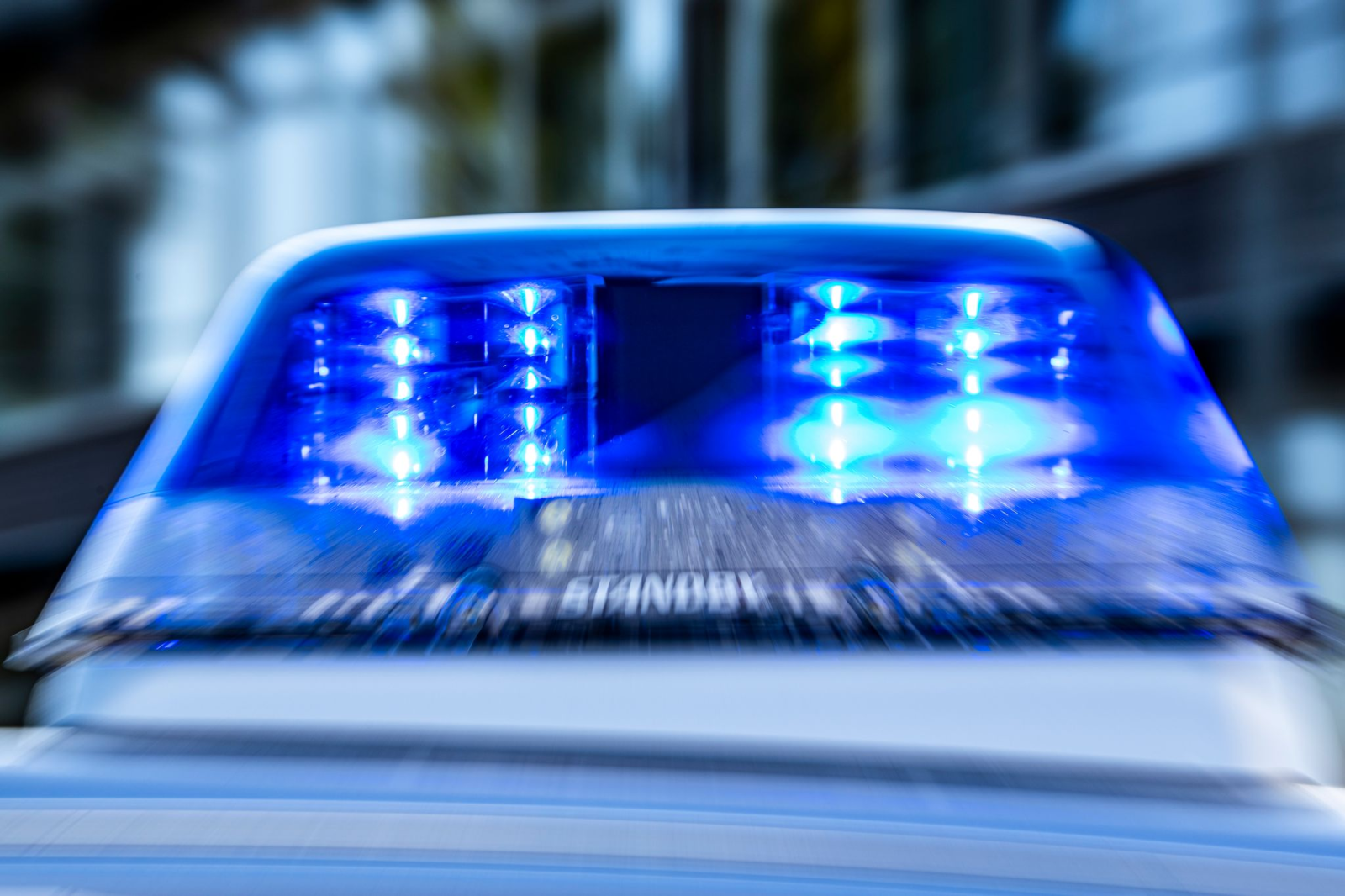 Ein Blaulicht leuchtet auf dem Dach eines Polizeiwagens., © David Inderlied/dpa/Symbolbild