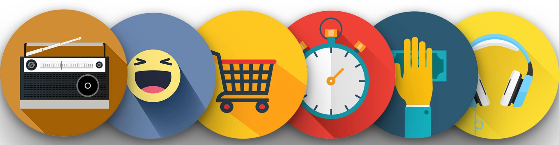 6 Icons zu sehen, die die Gründe fürs Radio widerspiegeln sollen (Radio,Smiley,Einkaufswagen,Uhr,Hand,Kopfhörer), © Shutterstock