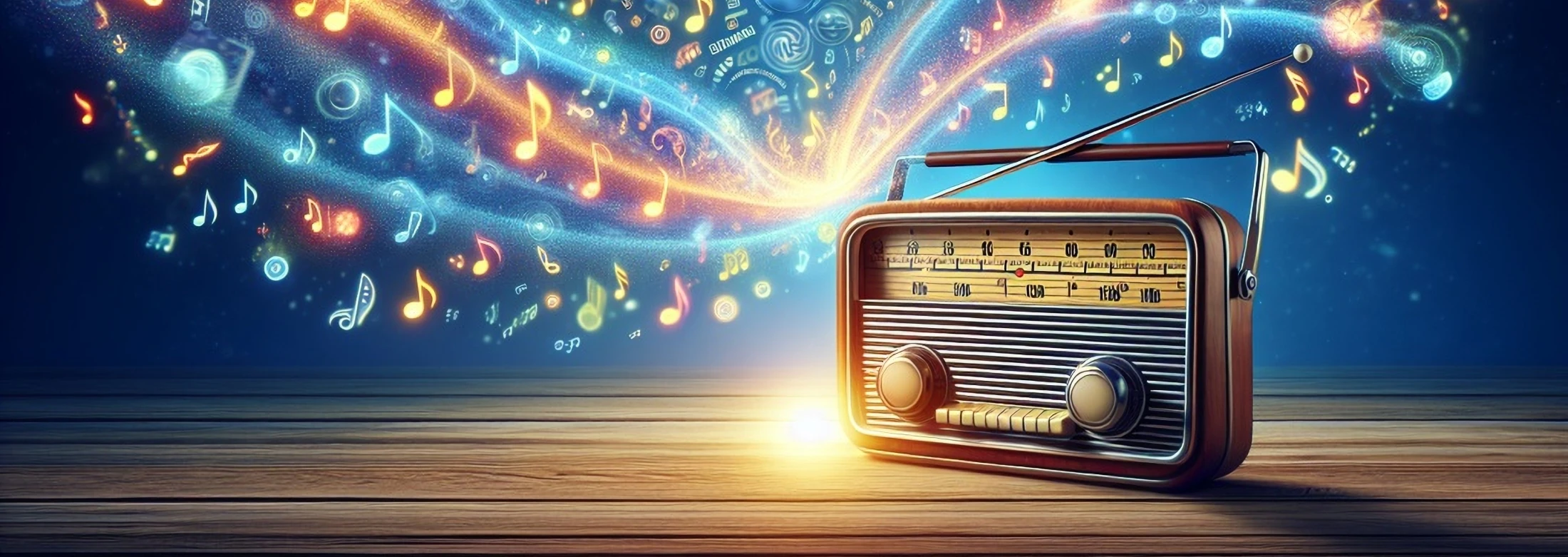 Altes Radio mit bunten Noten, © Shutterstock (KI) Altes Radio mit bunten Noten, © Shutterstock (KI)