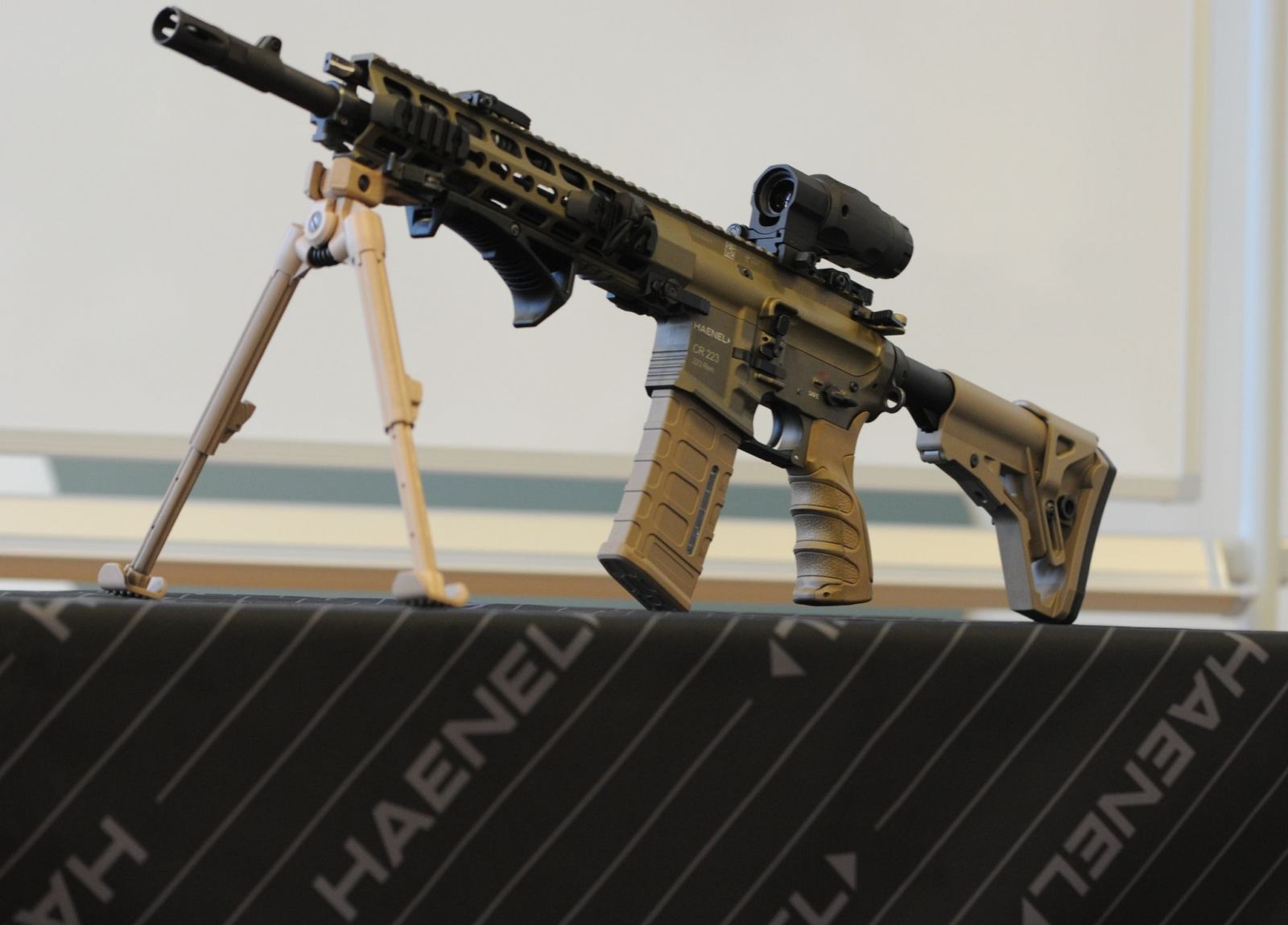 Das Sturmgewehr Modell CR223 steht auf einem Tisch in der Firmenzentrale von C.G. Haenel.