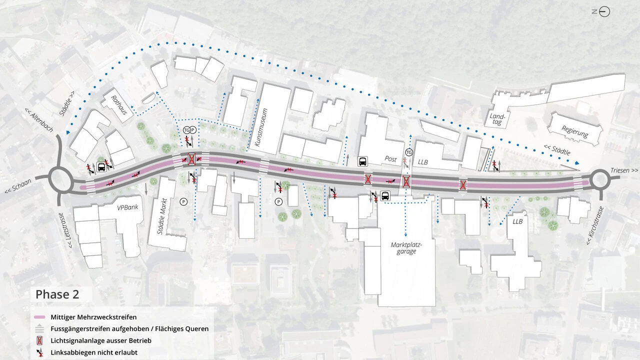 Verkehrsversuch Äulestrasse Vaduz, © Amt für Tiefbau Verkehrsversuch Äulestrasse Vaduz, © Amt für Tiefbau
